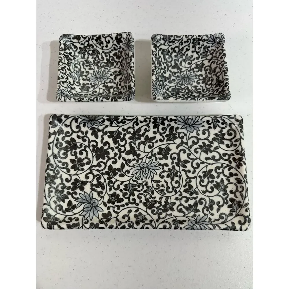 Kanesada Salt Glaze‎ Stoneware Set Sushi Plate Sauce Bowls Black Floral Filagree
